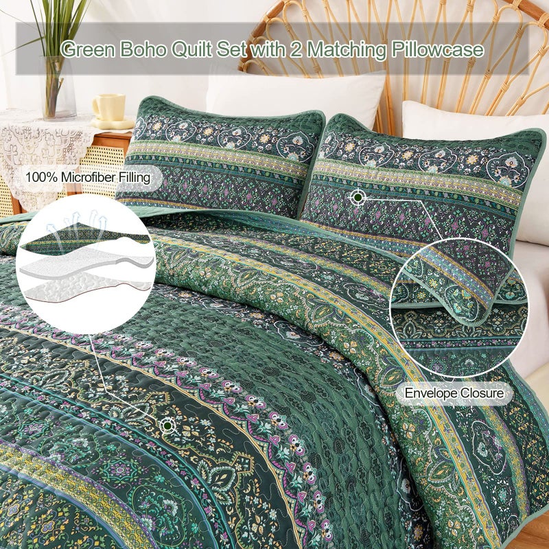 WONGS BEDDING Boho Quilt Queen Size  Green Bohemian Queen Quilt  Lightweight Microfiber Bed Decor Bedspread for All Season 96""x90""(3 Pieces) - Image 3